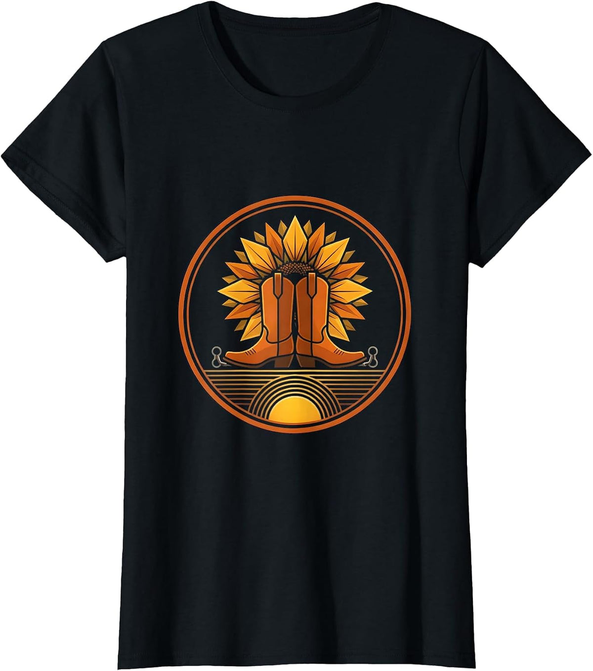 Cowboy Boots Sunflower and Spur Graphic Design T-Shirt - Black