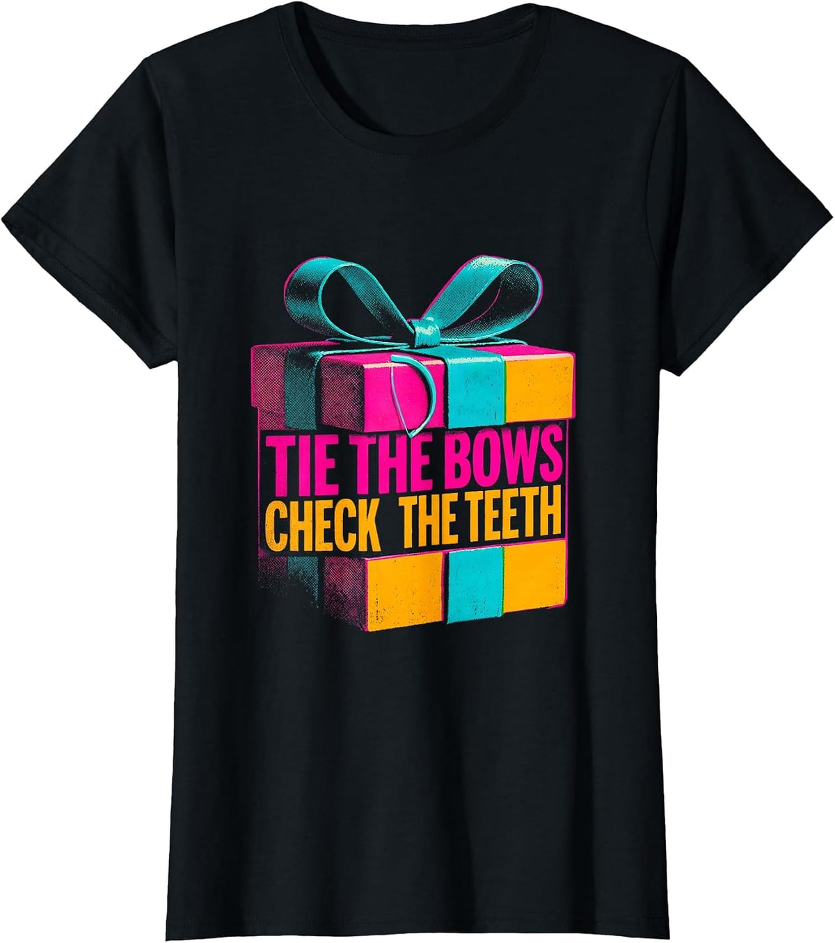 Women's Tie The Bows Check The Teeth Risograph Funny Dentist T-Shirt - Black