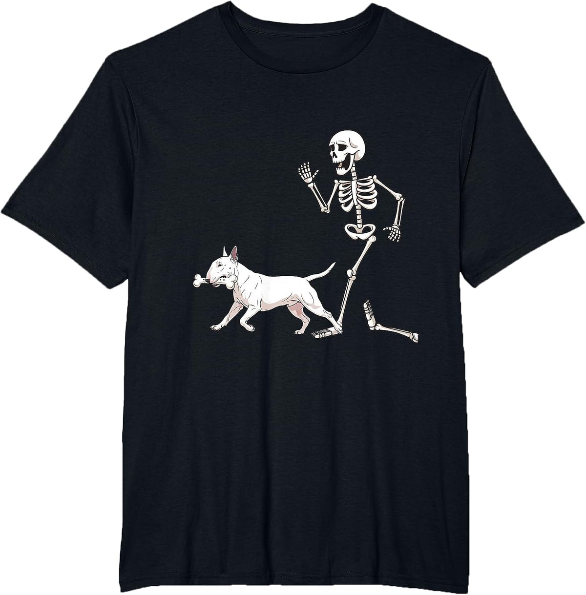 Funny Halloween Bull Terrier and Skeleton T-Shirt - Black
