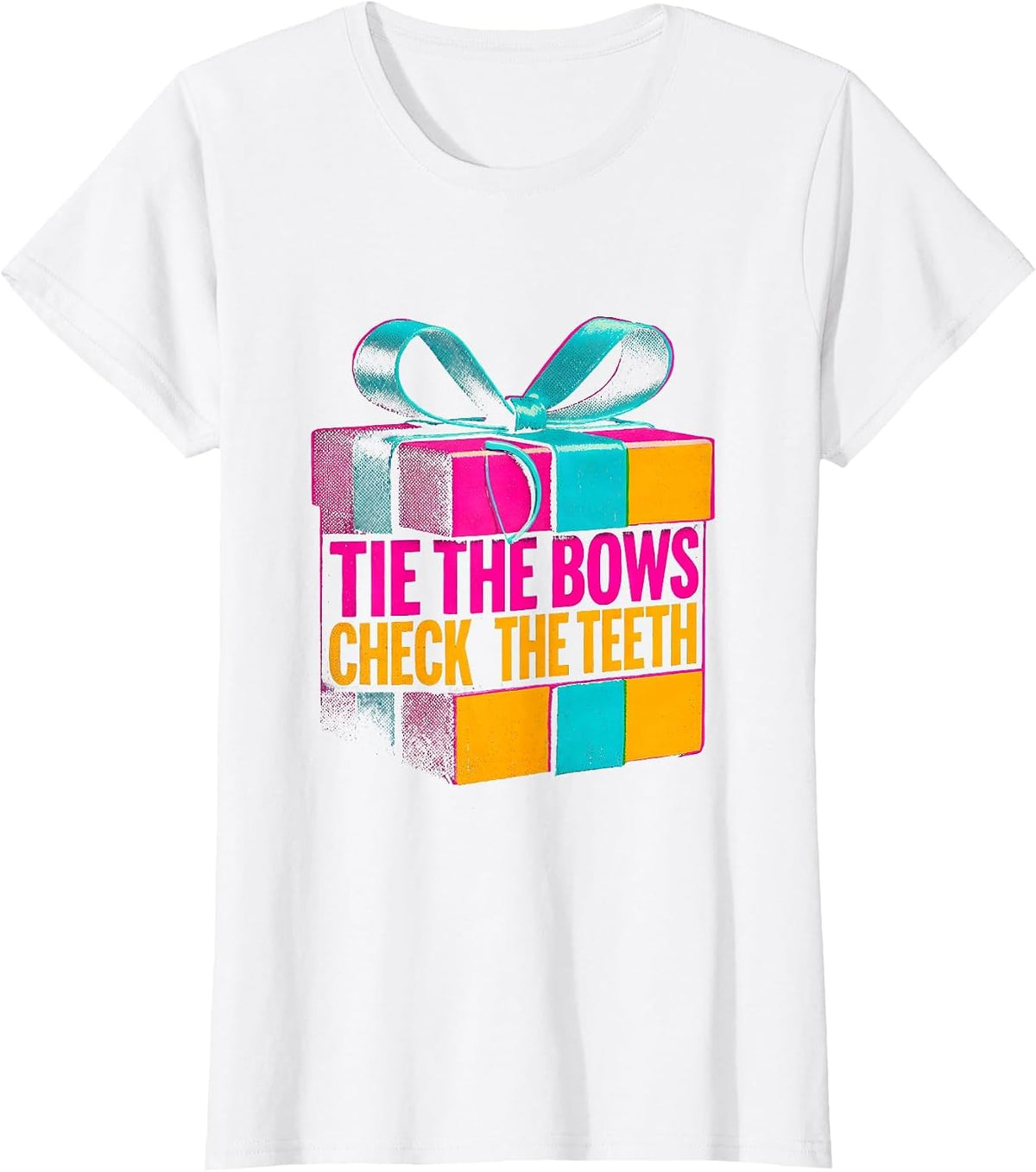 Women's Tie The Bows Check The Teeth Risograph Funny Dentist T-Shirt - White