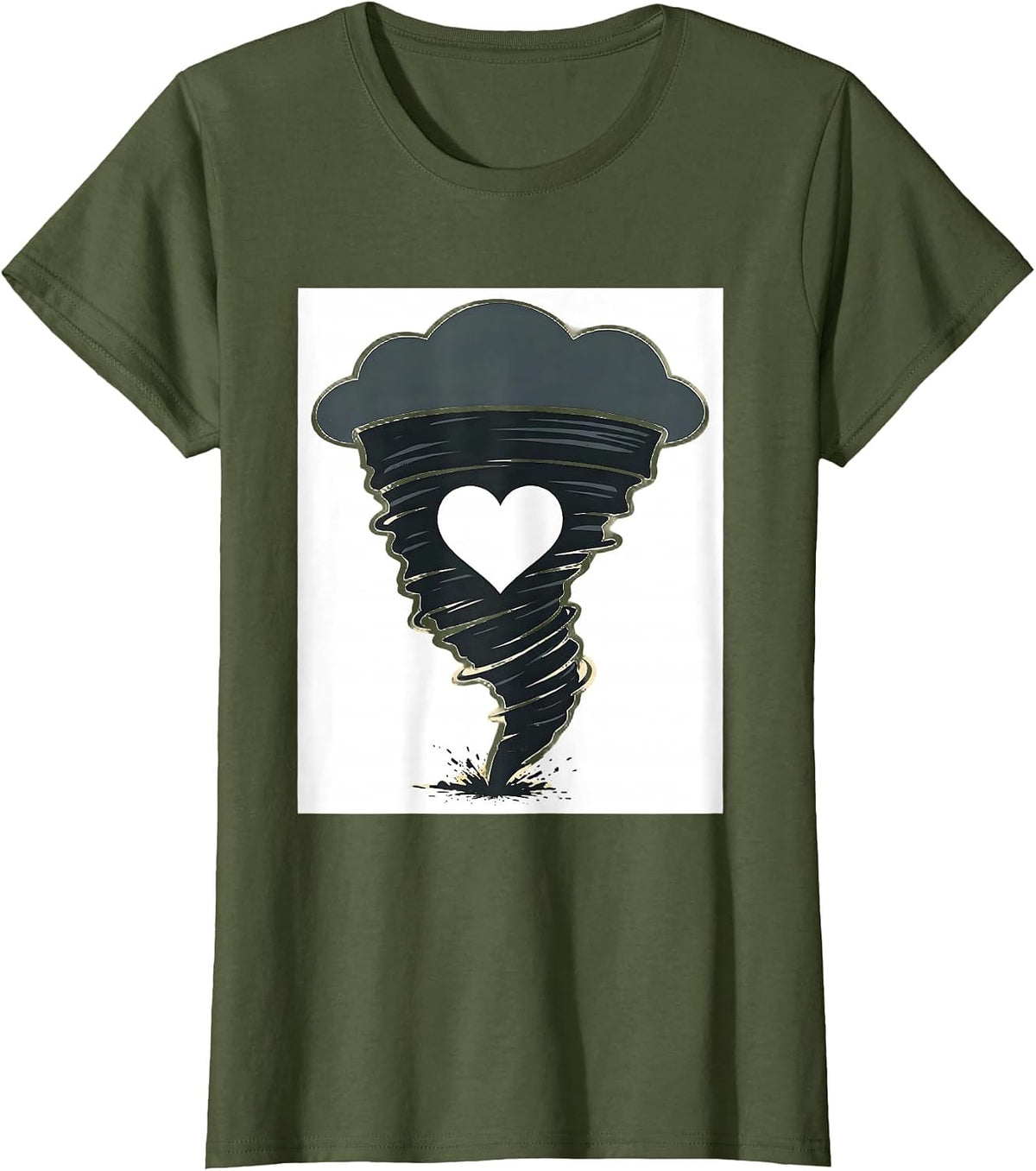 Women's Tornado Funnel Heart Screenprint Storm Chaser Meteorology T-Shirt - Olive Green
