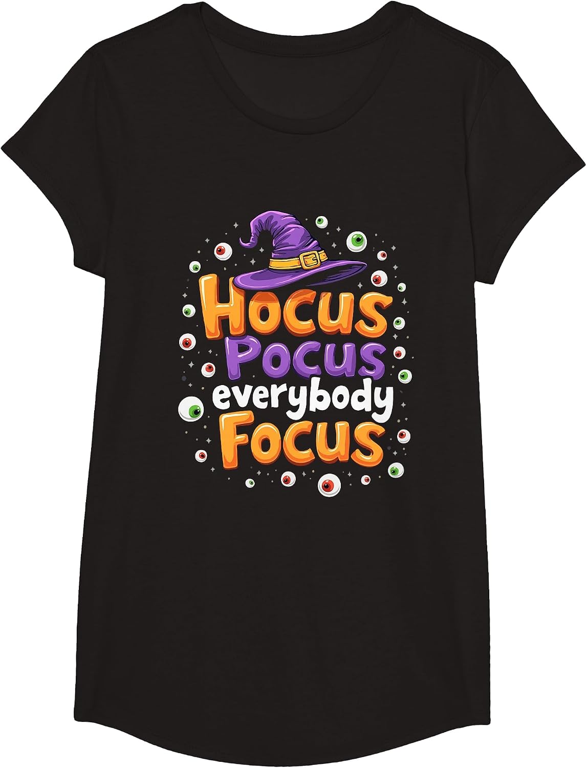 Halloween Witch Hat Teacher Hocus Pocus Everybody Focus Boo T-Shirt - Girls Black