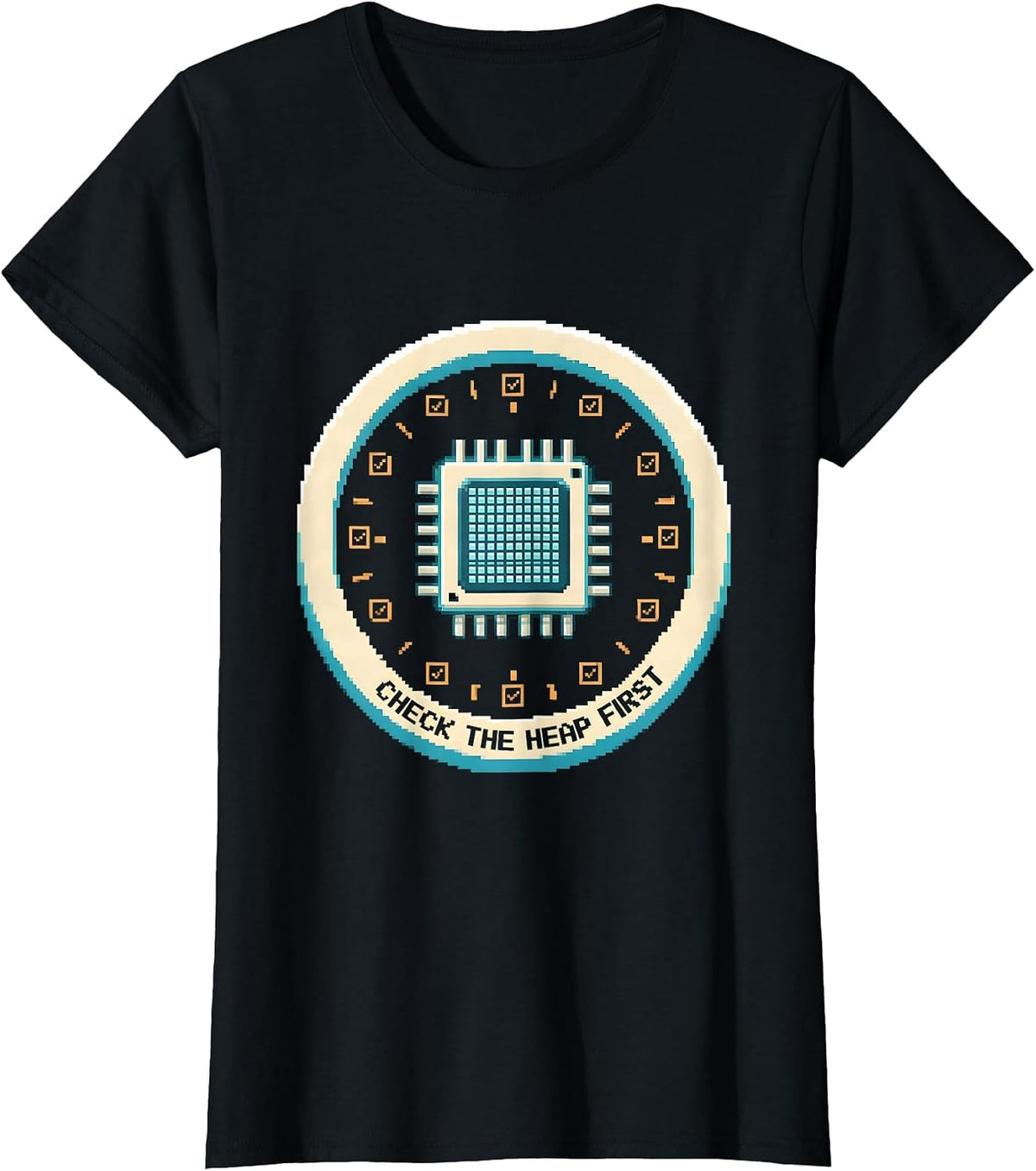 Check The Heap First Pixel Art IT Support Programmer Humor T-Shirt - Black
