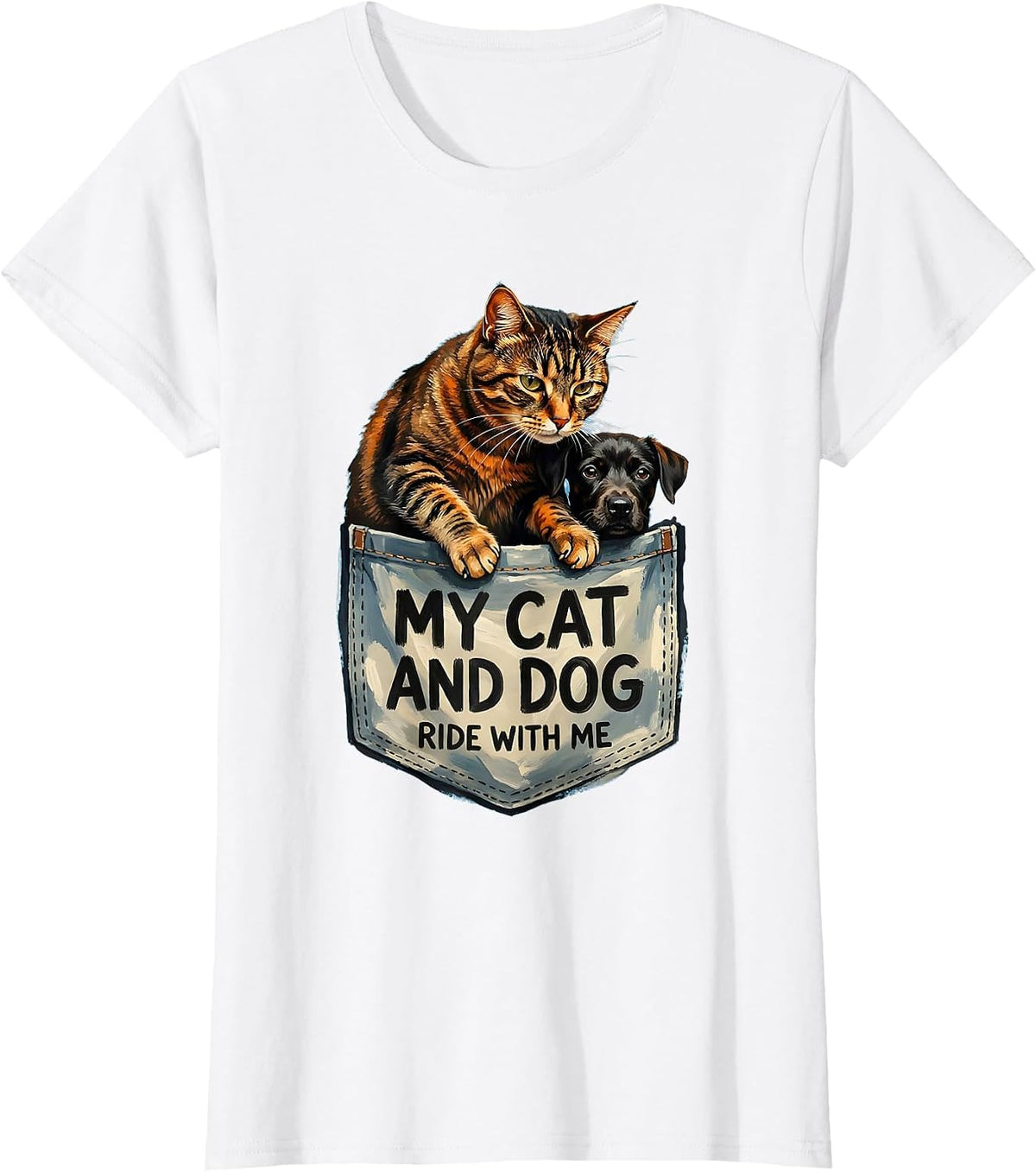 Women's My Cat And Dog Ride With Me Playful Pet Pocket Gift For Cat T-Shirt - White