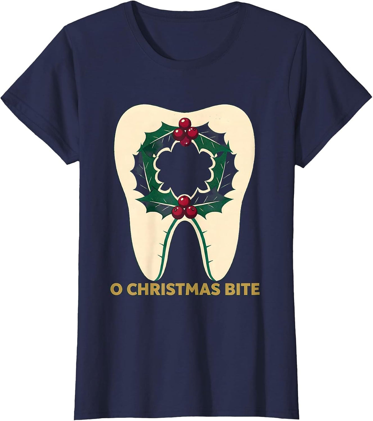 Women's O Christmas Bite Funny Dental Christmas Dentist Team Tooth T-Shirt - Navy Blue
