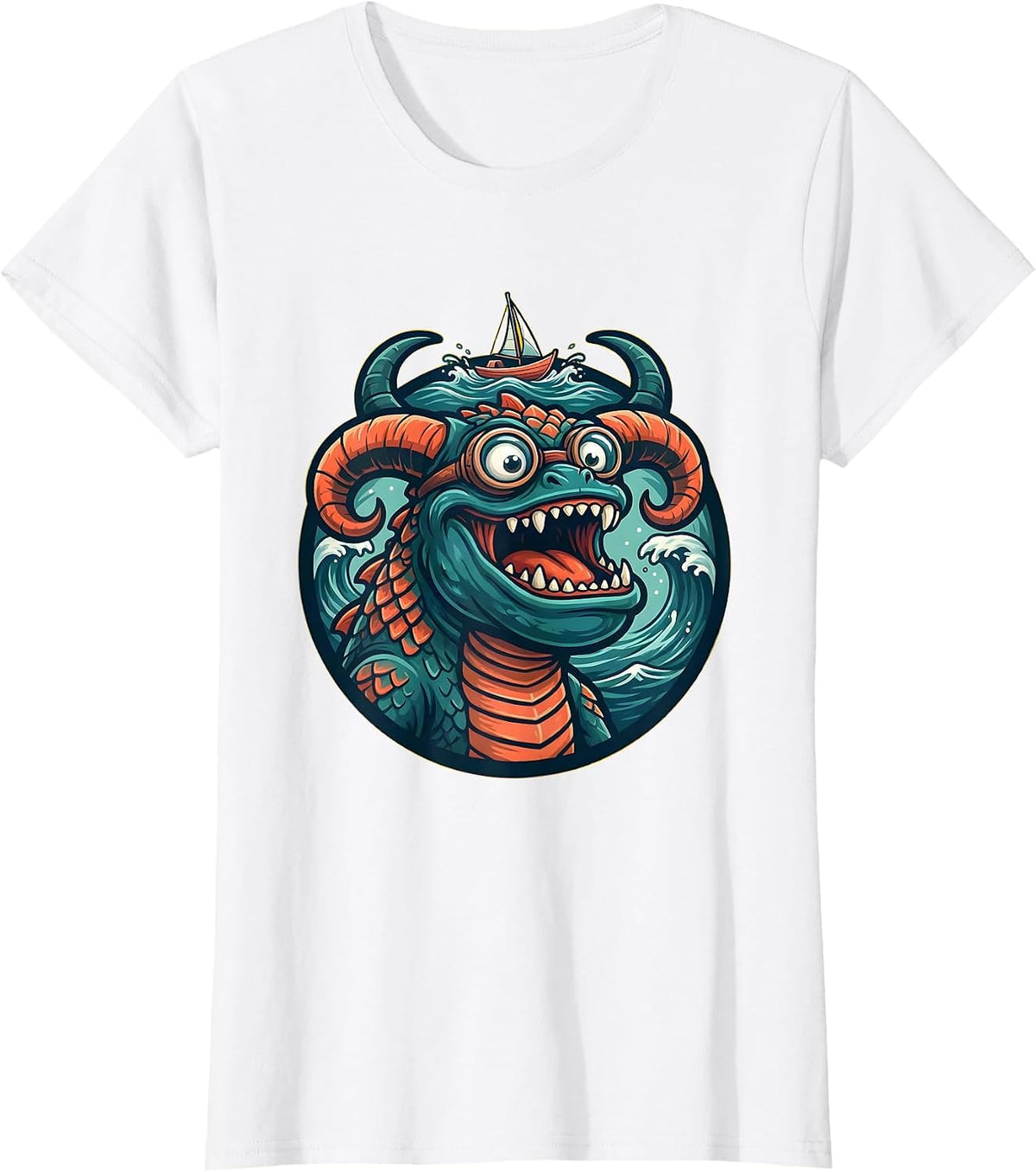 Women's Hawaiian Sea Monster Rising Beneath Small Boat T-Shirt - White