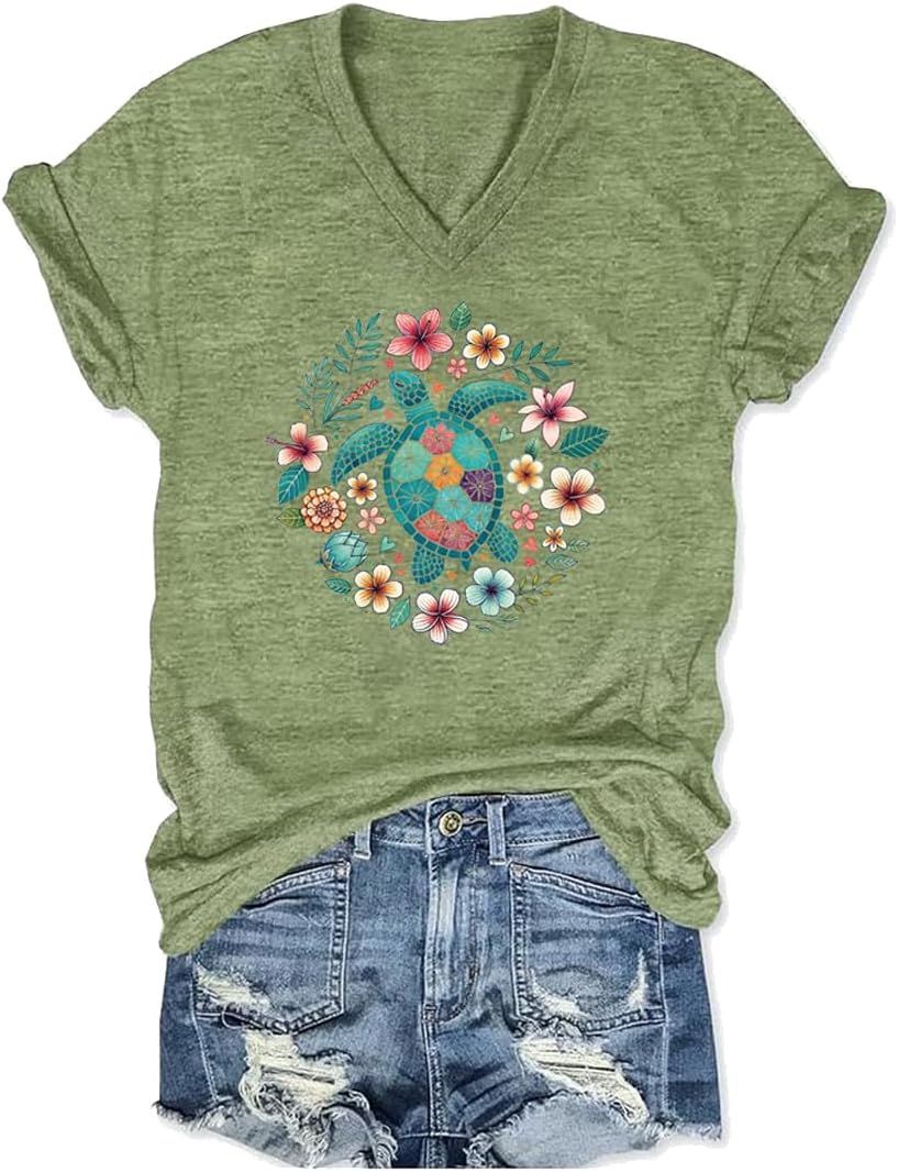 Womens Graphic T Shirt Floral Beach V Neck Tee Short Sleeve Casual Vacation Shirt Tropical Ocean Tops for Women - Green-1
