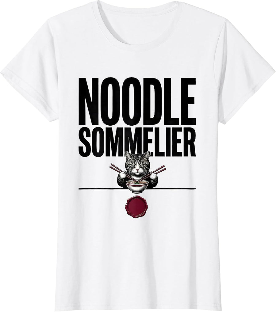 Women's Noodle Sommelier Funny Kawaii Anime Cat Ramen Japanese Art T-Shirt - White