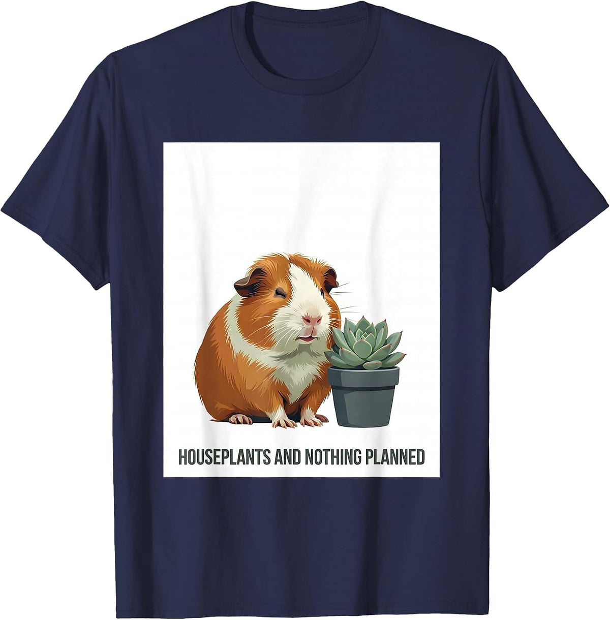 Houseplants And Nothing Planned Cute Kawaii Anime Animal T-Shirt - Navy Blue