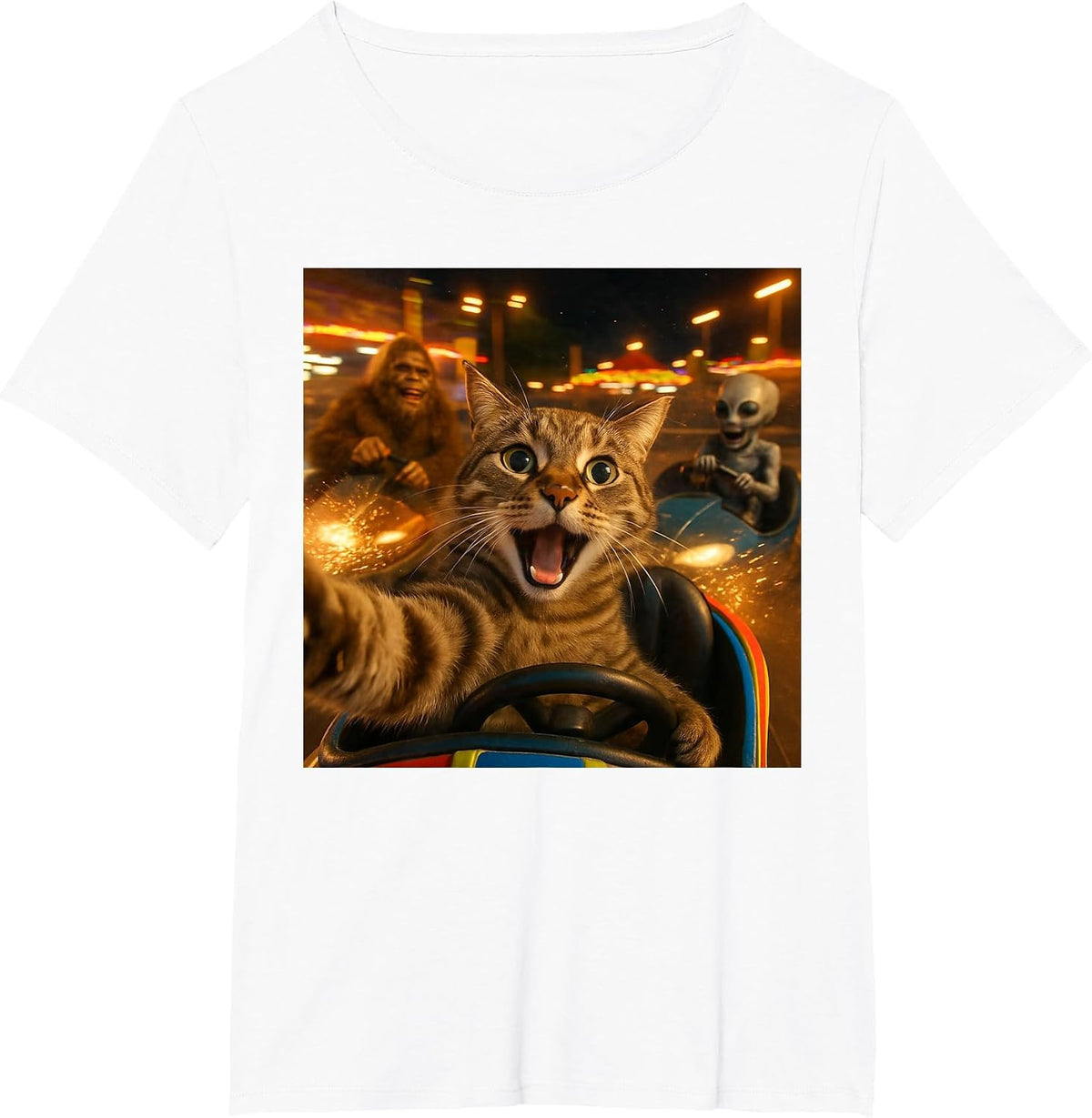 Funny Cat Selfie with Big Foot & Alien Bumper Car Meme T-Shirt - White
