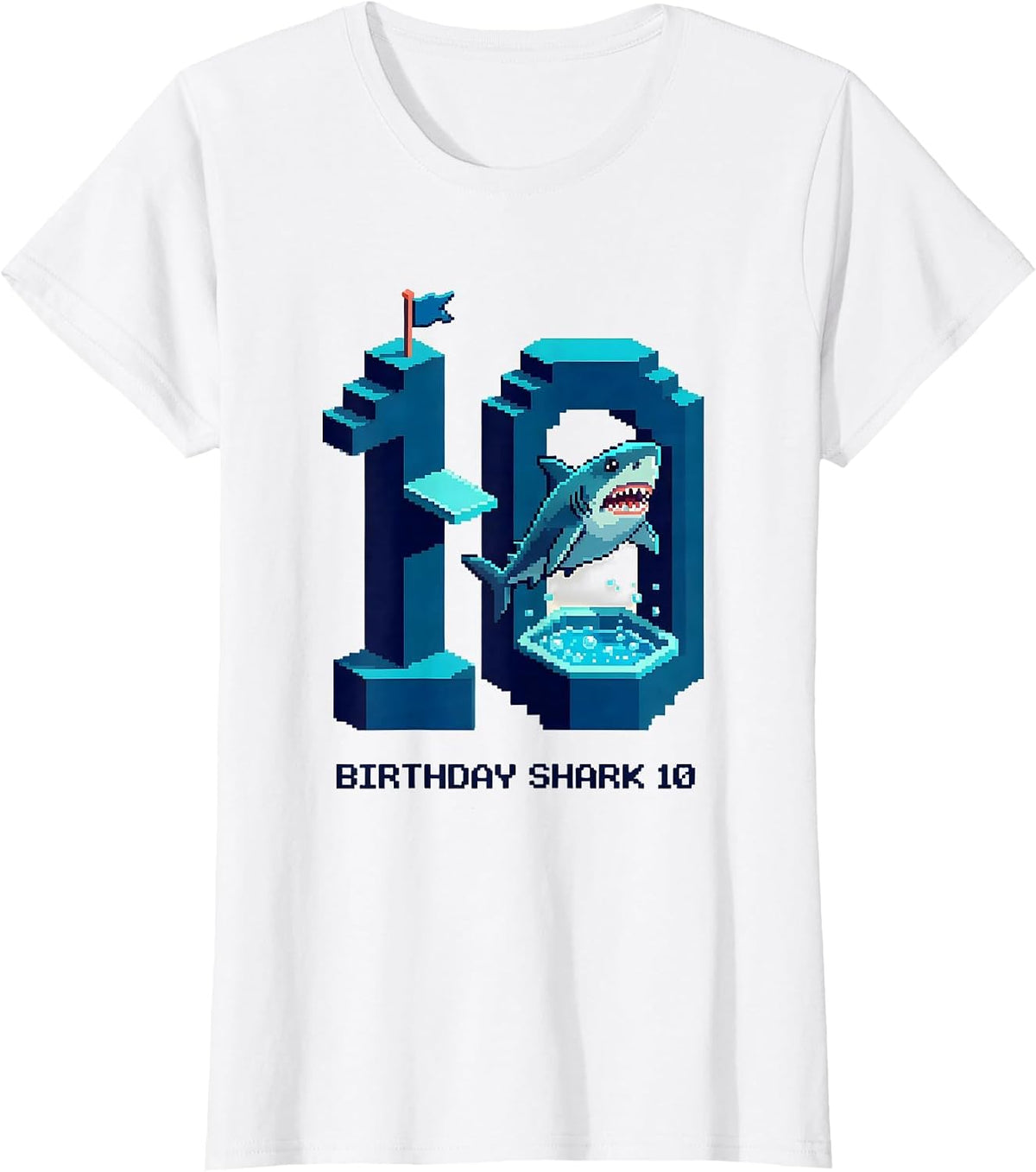 Women's Birthday Shark 10 Pixel Art Kids Ocean Party Age 10 T-Shirt - White