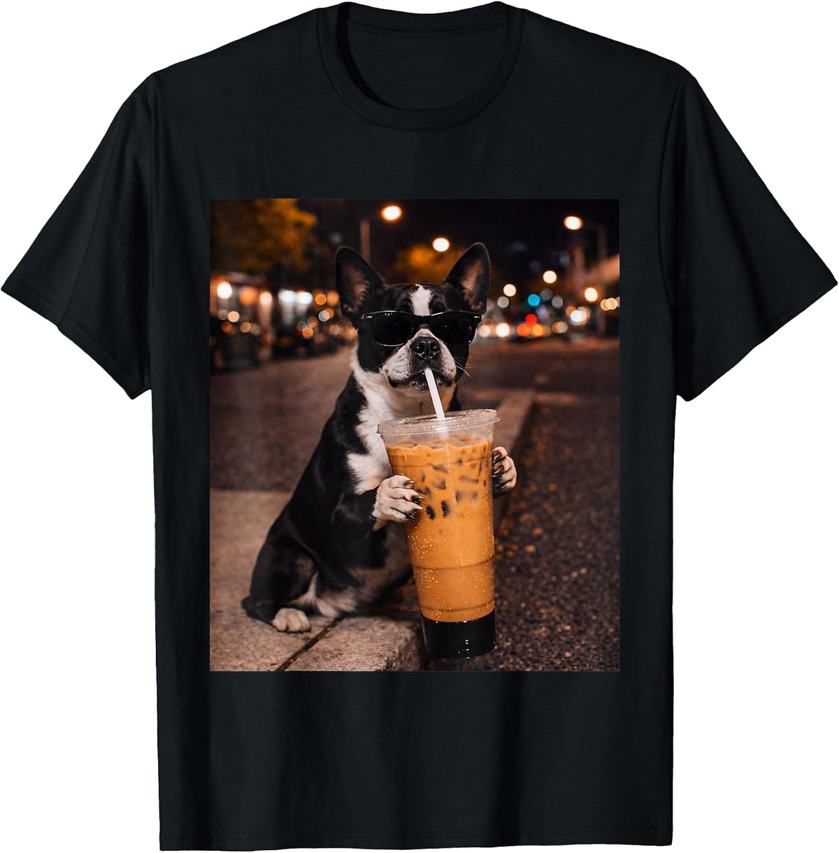 Boston Terrier Dog Iced Coffee Lover Humor Funny T-Shirt - Black