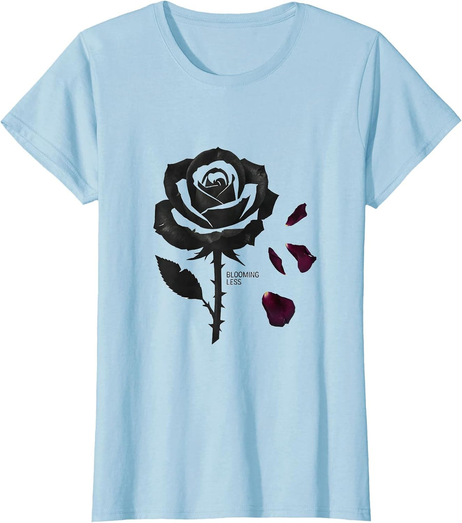 Women's Blooming Less Minimalist Gothic Grunge Alt Aesthetic Rose T-Shirt - Baby Blue