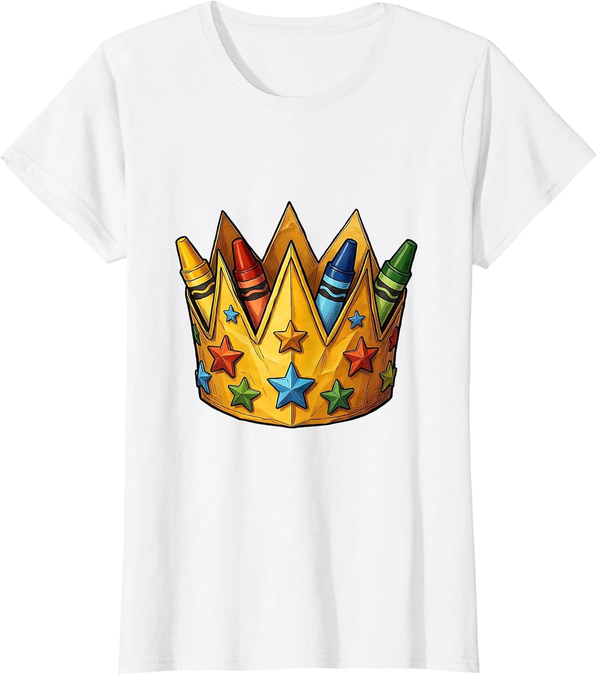Kindergarten Teacher Crayon Crown Illustration T-Shirt - White