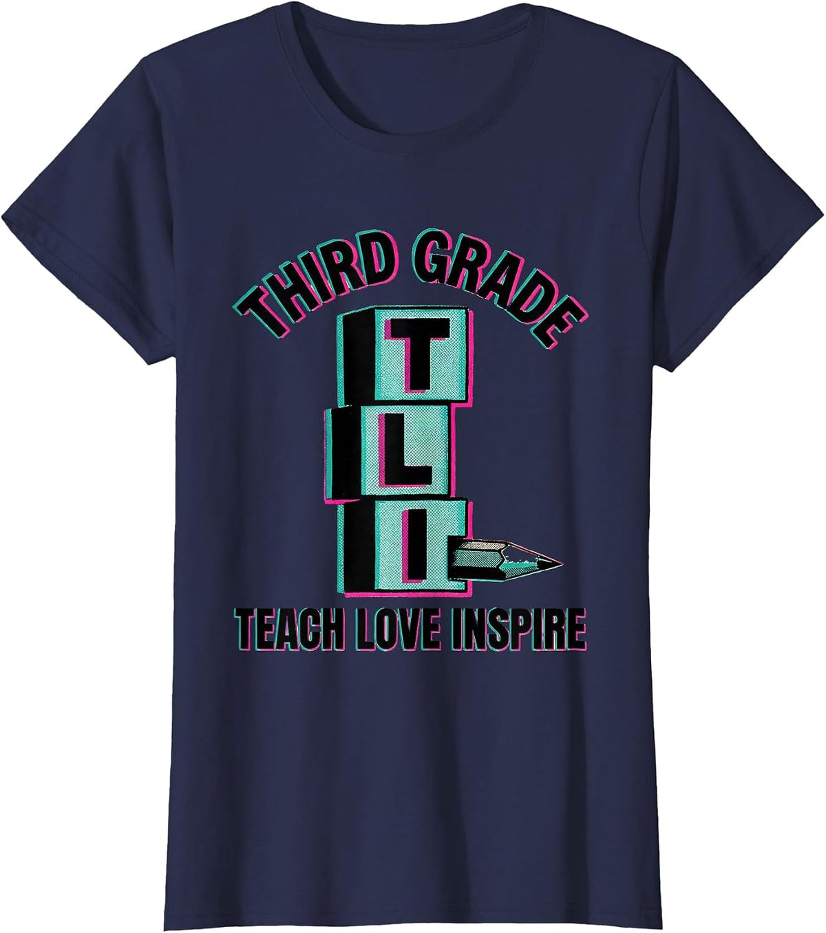 Women's Third Grade Teach Love Inspire Retro Teacher Back To School T-Shirt - Navy Blue