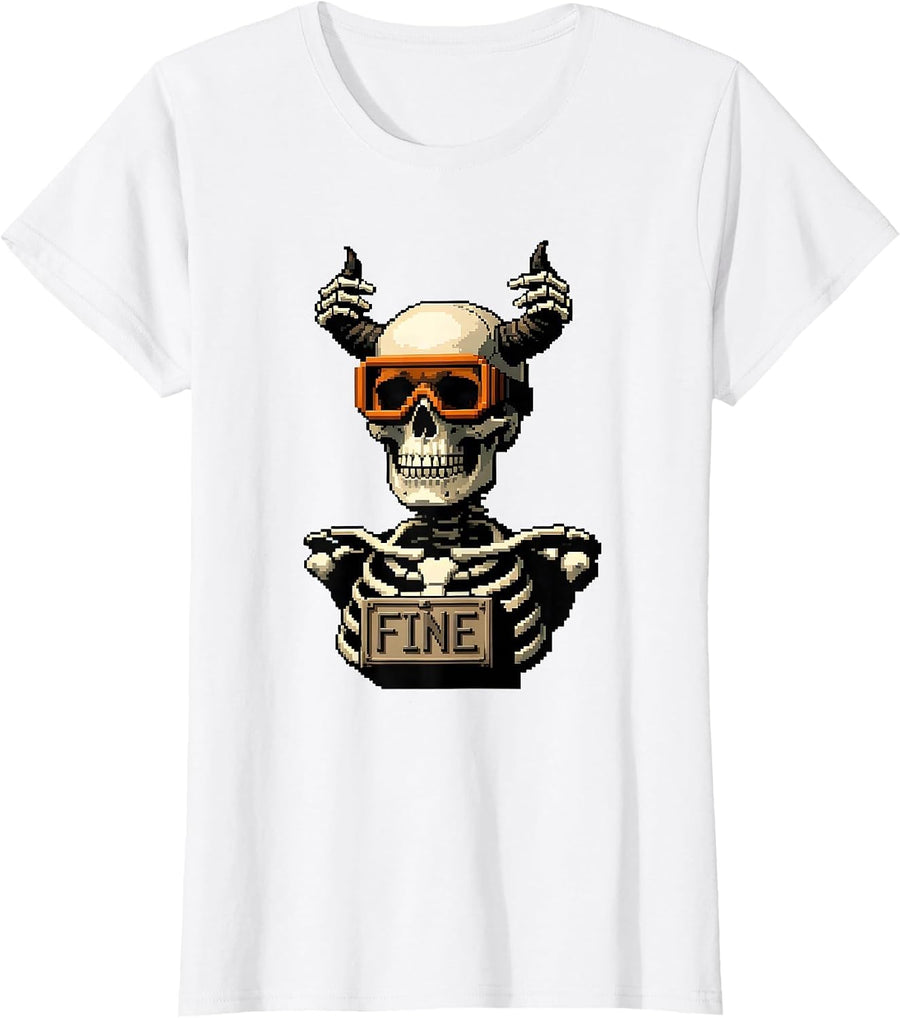 Women's Fine Pixel Art Skeleton Rocker Halloween Humor Men Boys T-Shirt - White