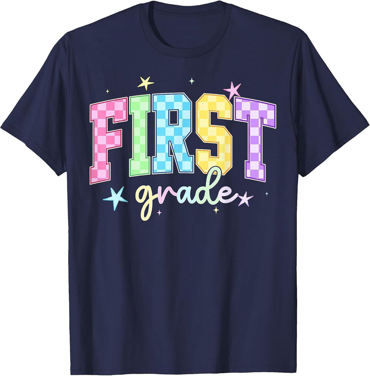 Back to School Checkered First Grade Team Teacher Students T-Shirt - Navy Blue