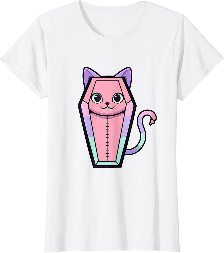 Women's Chibi Coffin Cat Pastel Goth Kawaii Cute Creepy T-Shirt - White
