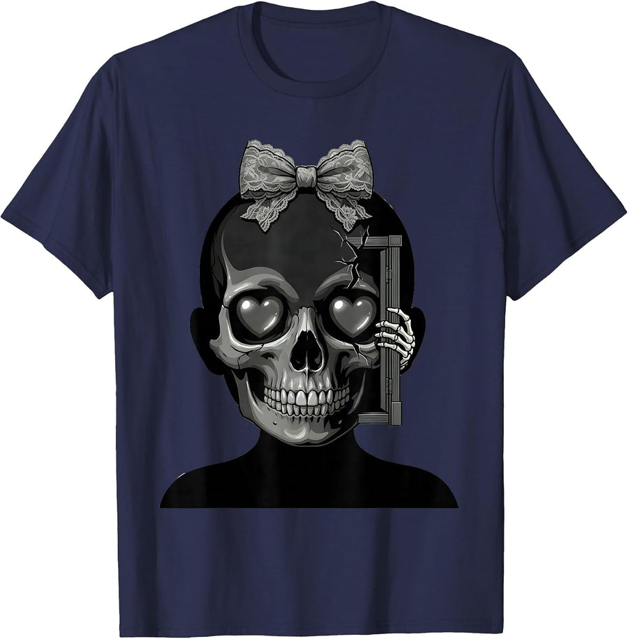 Rounded Skull Girl Kawaii Anime Goth Horror Aesthetic T-Shirt - Navy Blue