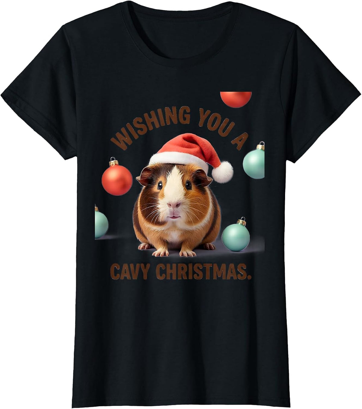 Women's Wishing You A Cavy Christmas Cute Kawaii Guinea Pig Santa T-Shirt - Black
