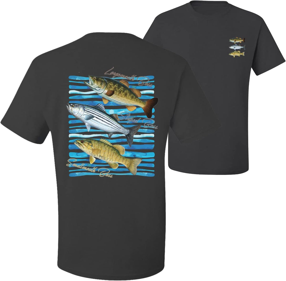 Largemouth Striped Smallmouth Big Bass Fish Fishing Front and Back Men's T-Shirt - Charcoal