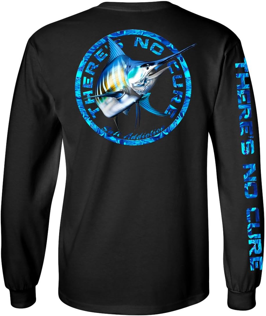 Salt Addiction Long Sleeve Fishing T-Shirt, White, Blue Marlin Design, Performance Crew Neck, Outdoor Sports Wear - Black