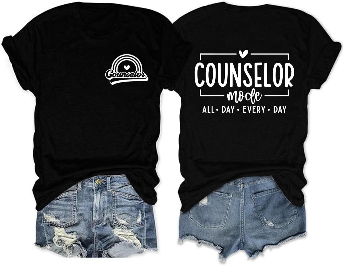 Women's Counselor Mode Shirt School Counselor Gift Letter Printed Summer Graphic Tee Short Sleeve Casual Tops - Black