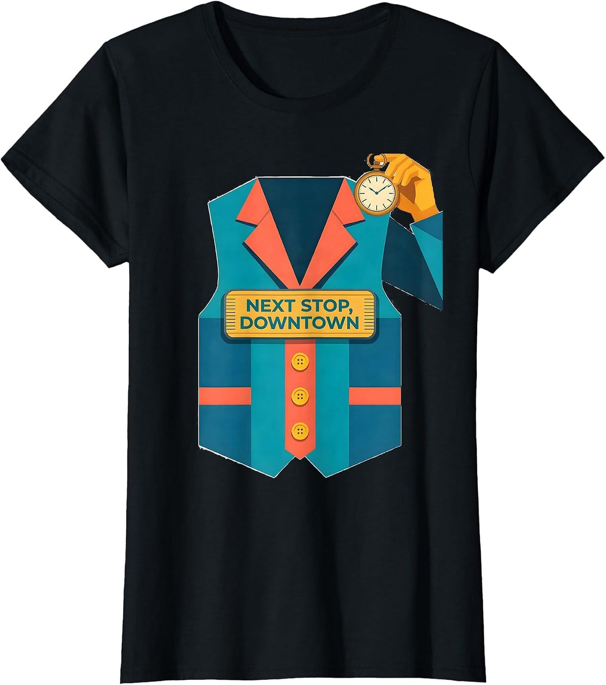Next Stop, Downtown Flat Vector Halloween Train Conductor T-Shirt - Black