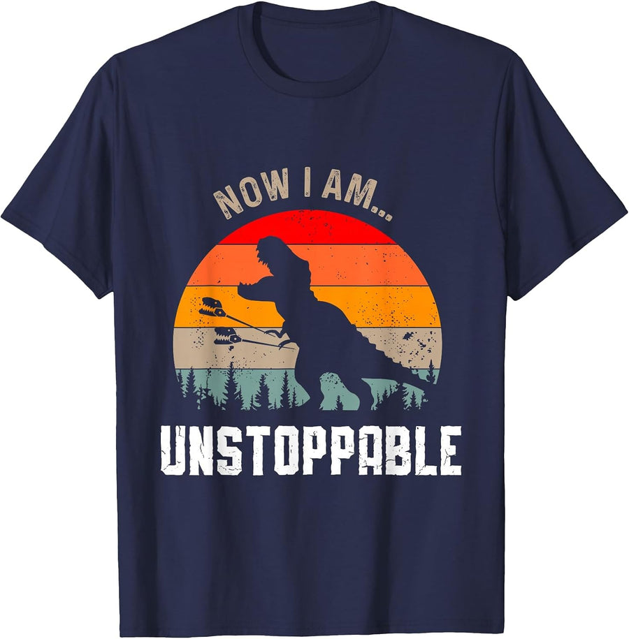 Now I Am Unstoppable Funny T-Rex Dinosaur Grabbing Stick T-Shirt - Navy Blue