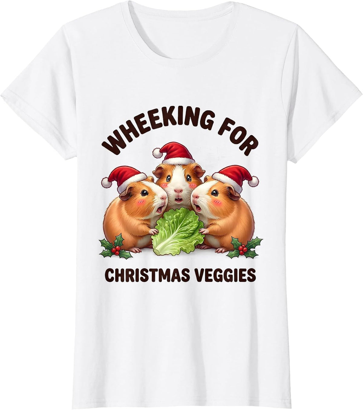 Wheeking For Christmas Veggies Cute Kawaii Guinea Pig Santa T-Shirt - White
