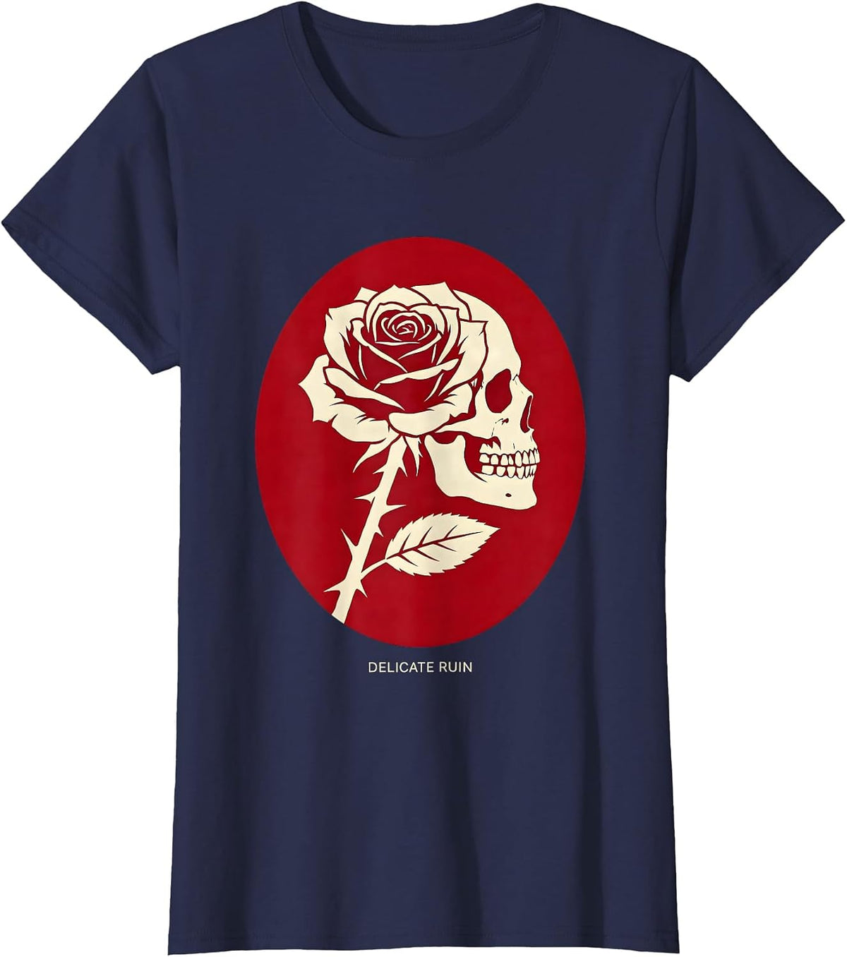 Women's Delicate Ruin Gothic Rose Skull Alt Aesthetic Dark Romantic T-Shirt - Navy Blue