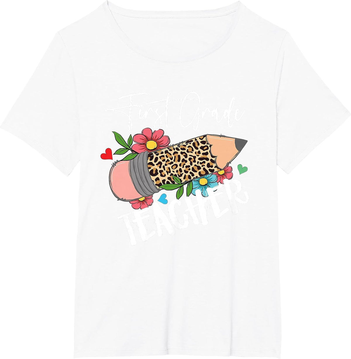 First Grade Teacher Leopard Pencil 1st Grade Women Teacher T-Shirt - White