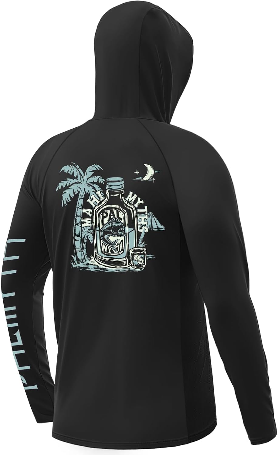 Palmyth Men's UPF 50+ Long Sleeve Fishing Hoodie Shirt with Neck Gaiter - Black \/ Mahi Myths