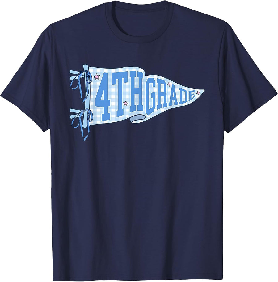 Blue Gingham Pennant Flag First Day of 4th Grade for Teacher T-Shirt - Navy Blue