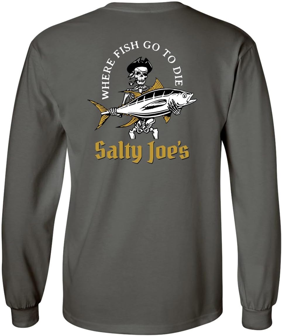 SALTY JOES Men's Ol' Angler Logo Cotton Long Sleeve Tee - Charcoal\/White Ol' Angler Logo