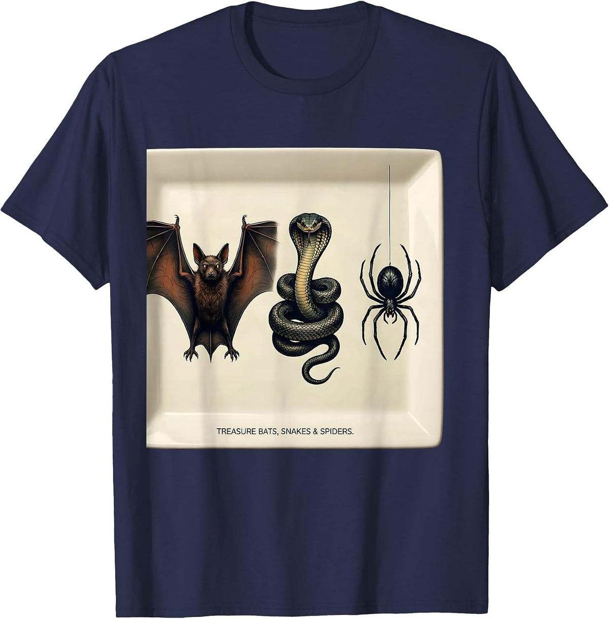 Treasure Bats, Snakes & Spiders Whimsical Nature Lover Gift T-Shirt - Navy Blue