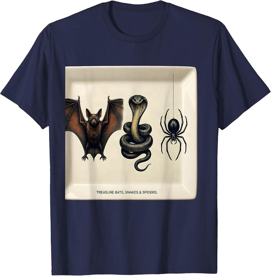 Treasure Bats, Snakes & Spiders Whimsical Nature Lover Gift T-Shirt - Navy Blue