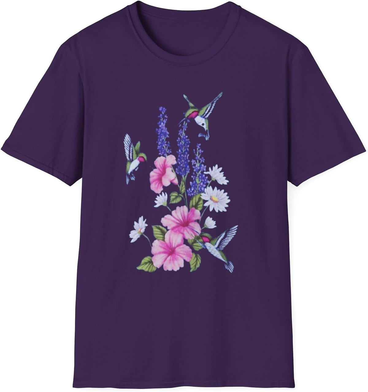Floral Hummingbird Unisex T-Shirt, Nature Lover Gift, Spring Outfit, Floral Tee, Birthday Present, Casual Wear - Purple