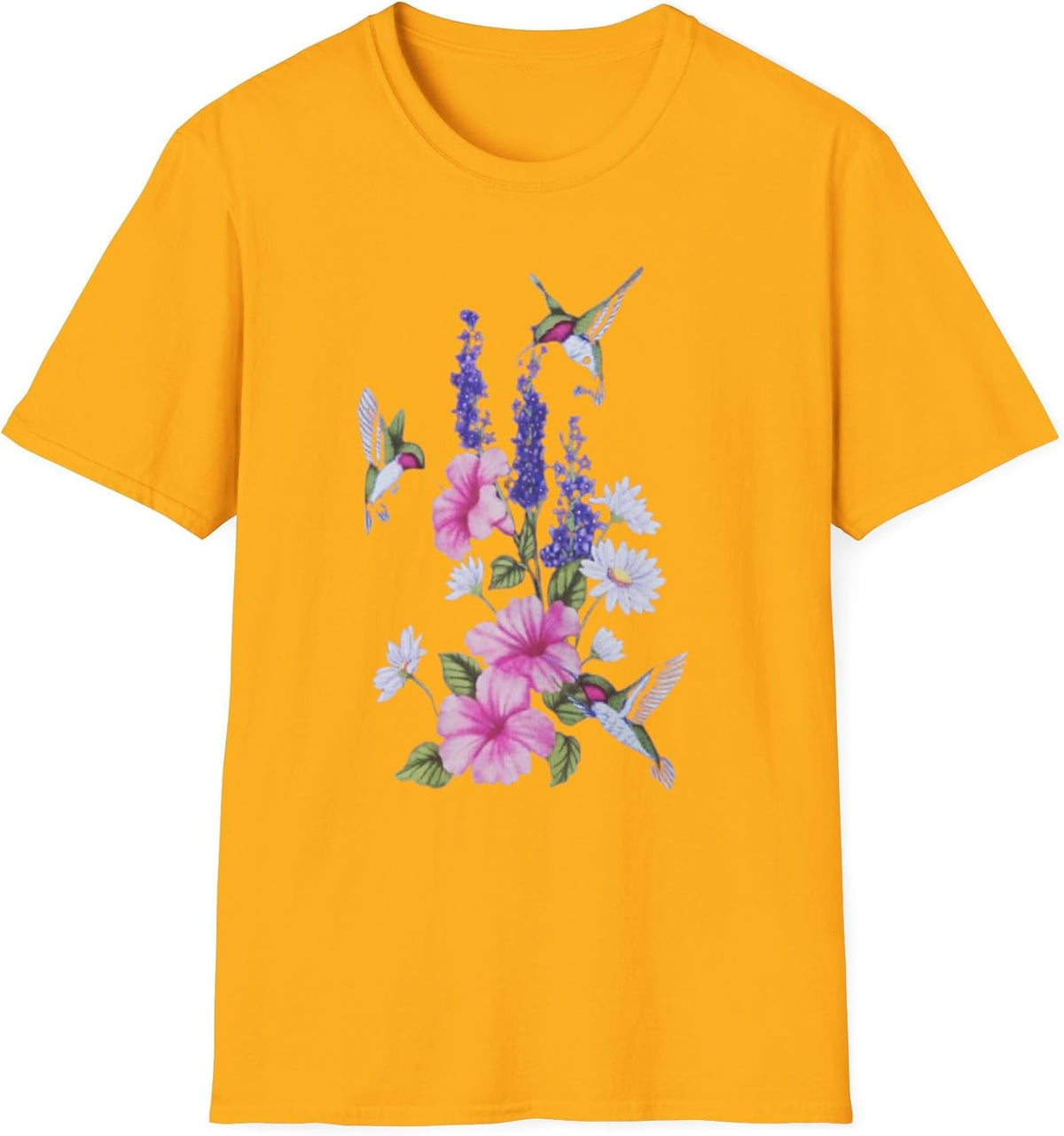 Floral Hummingbird Unisex T-Shirt, Nature Lover Gift, Spring Outfit, Floral Tee, Birthday Present, Casual Wear - Gold