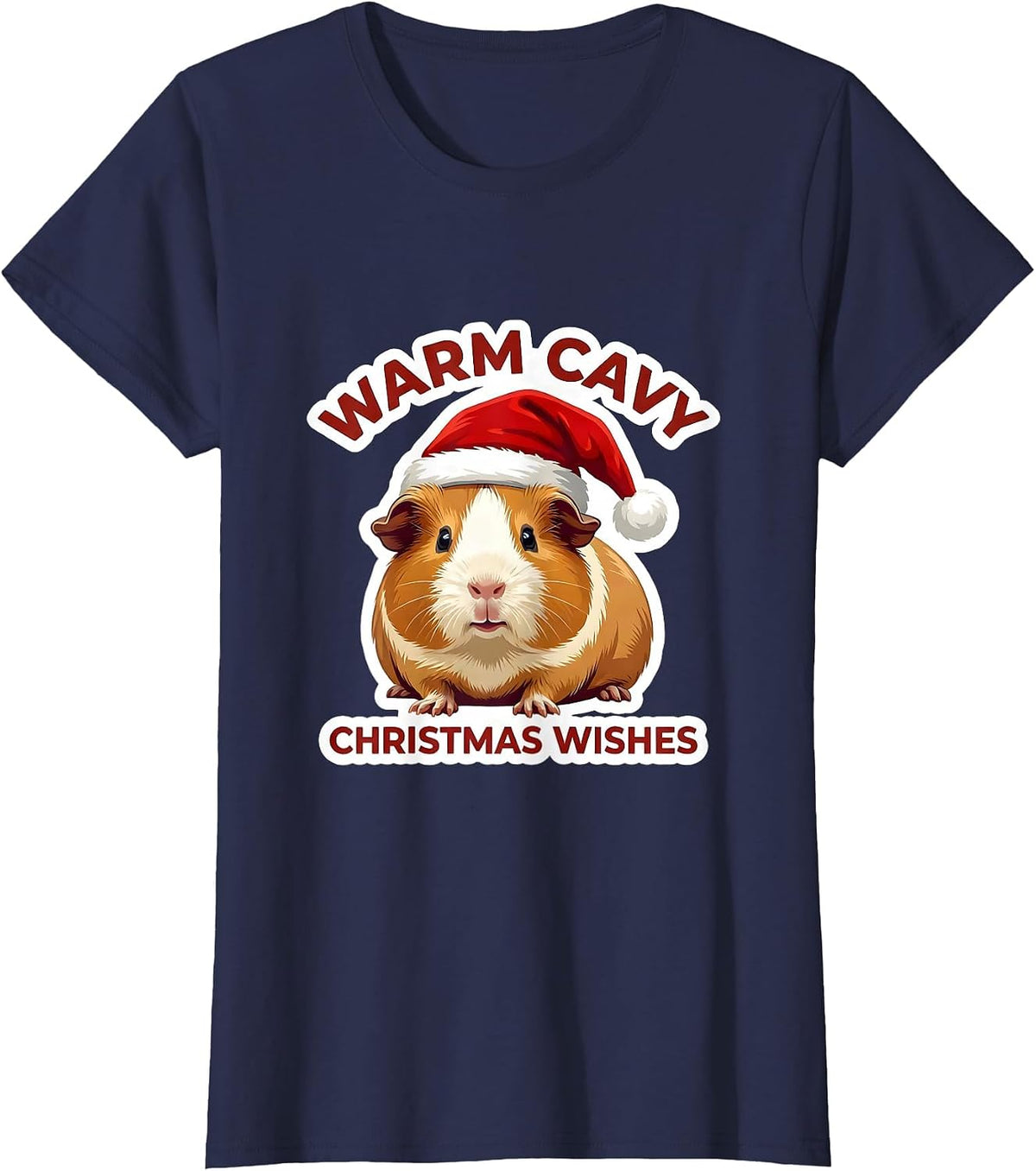 Women's Warm Cavy Christmas Wishes Funny Guinea Pig Santa Hat T-Shirt - Navy Blue