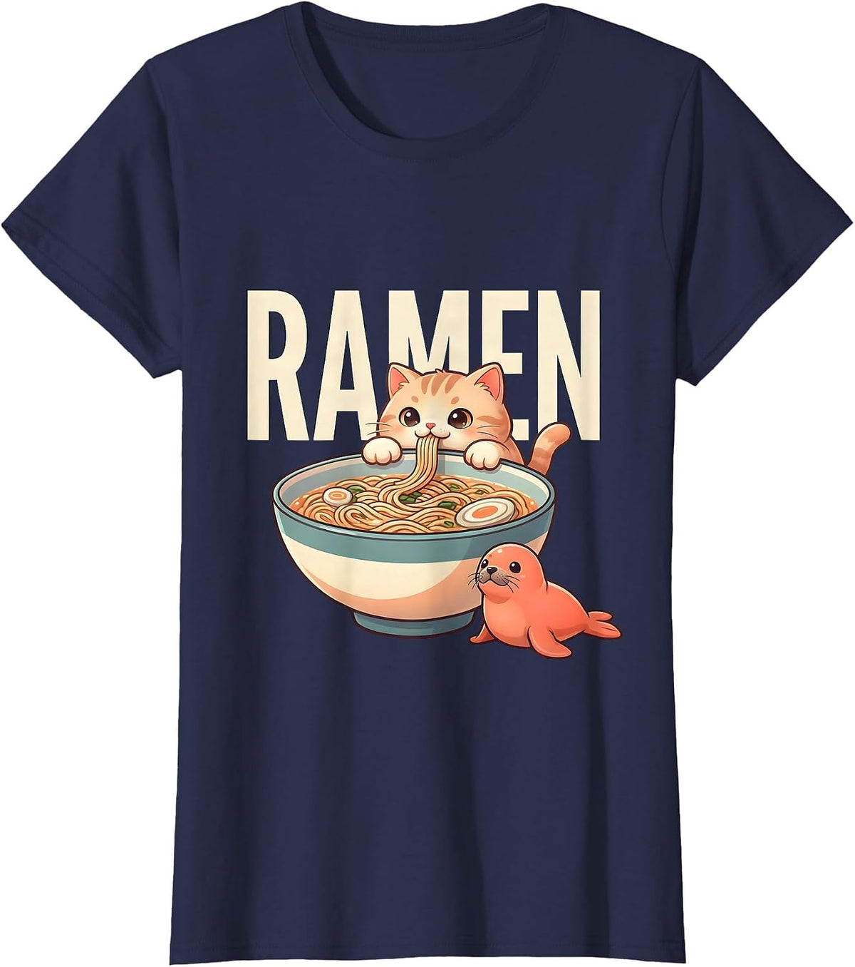 Women's RAMEN Cute Kawaii Cat Anime Japanese Ramen Lover Gift T-Shirt - Navy Blue