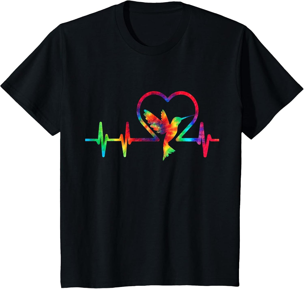 Hummingbird Lovers Tie Dye Heartbeat Colorful Heart Rainbow T-Shirt - Black