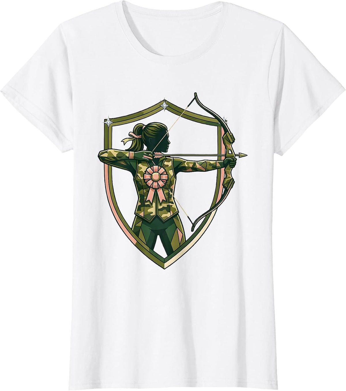 Women's Camo Archer Drawing Back Bow Illustration T-Shirt - White