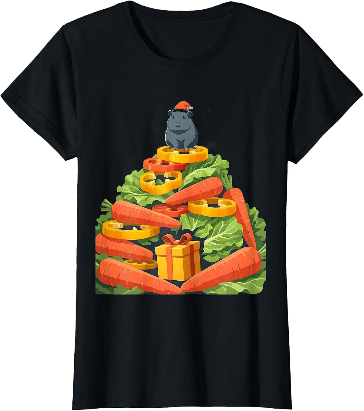 Stacked Vegetables Guinea Pig Santa Hat Christmas Humor T-Shirt - Black