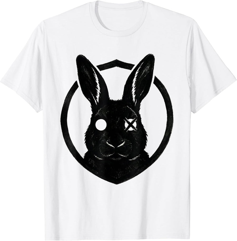 Men's Circular Shield Stencil Bunny Alt Goth Horror Aesthetic T-Shirt - White