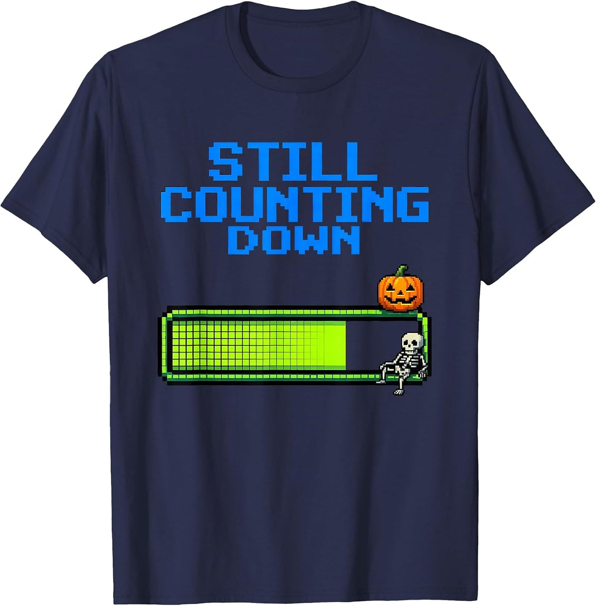 Men's Still Counting Down Pixel Art Summerween Skeleton Beach T-Shirt - Navy Blue