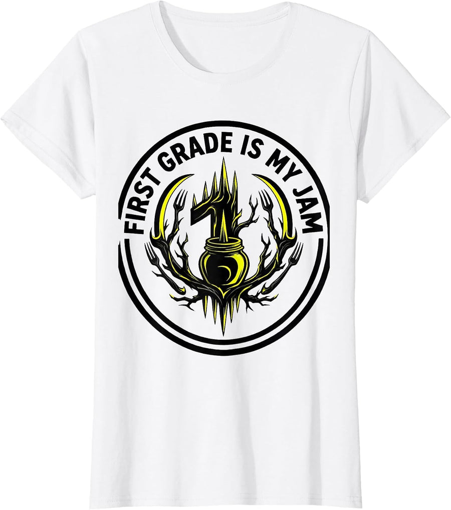 Women's First Grade Is My Jam Teacher Design T-Shirt - White