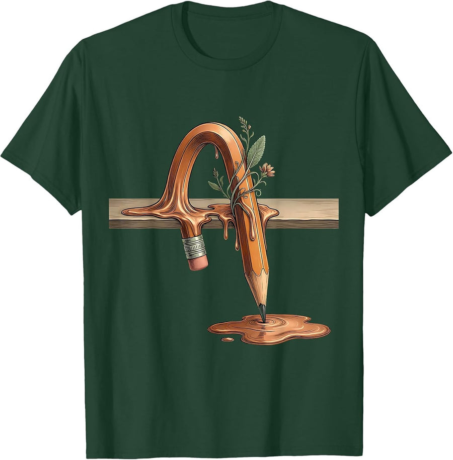 Men's TGIF Melting Pencil Surreal Teacher Art T-Shirt - Dark Green