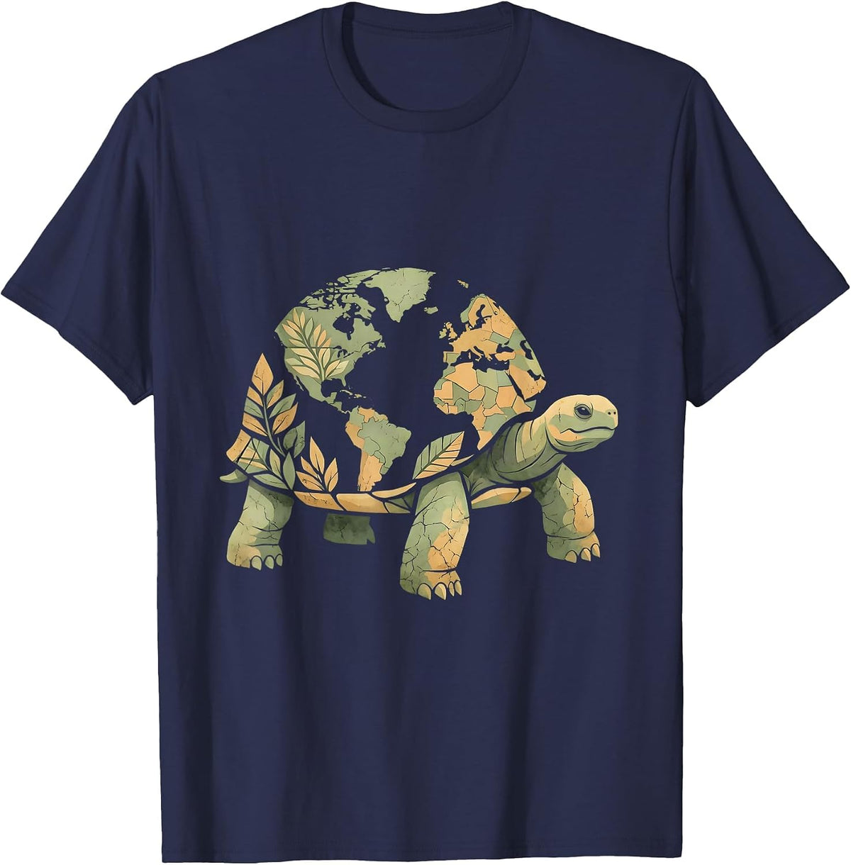 Giant Tortoise World Map Shell Nature Art T-Shirt - Navy Blue