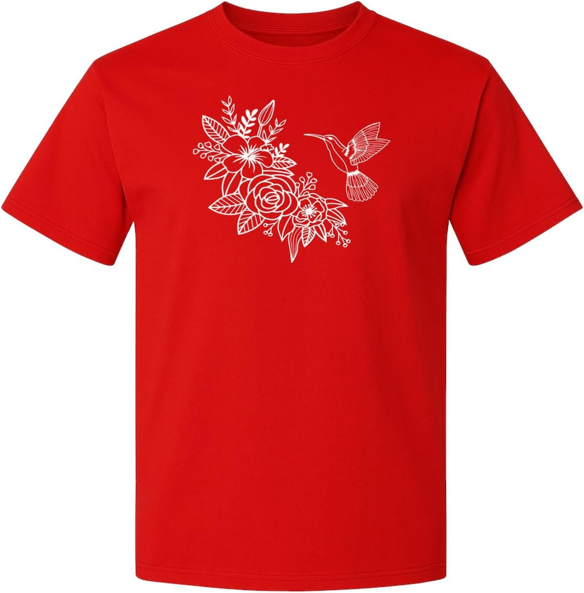 Hummingbird T-Shirt, Botanical Line Art Flower Design for Bird Watchers and Garden Lovers - Red